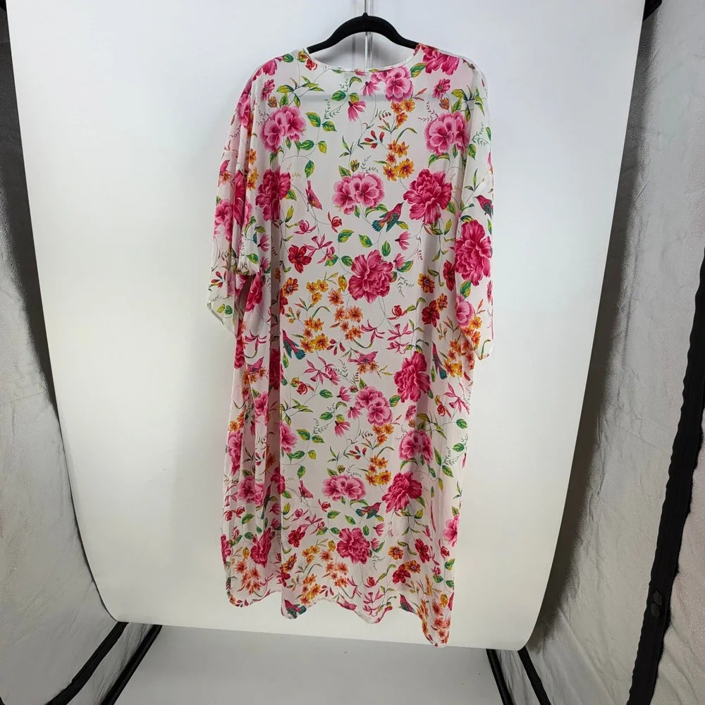 Pioneer Womans Duster Kimono Women S/M White Pink Floral Bird Boho Shabby Chic - Picture 2 of 7